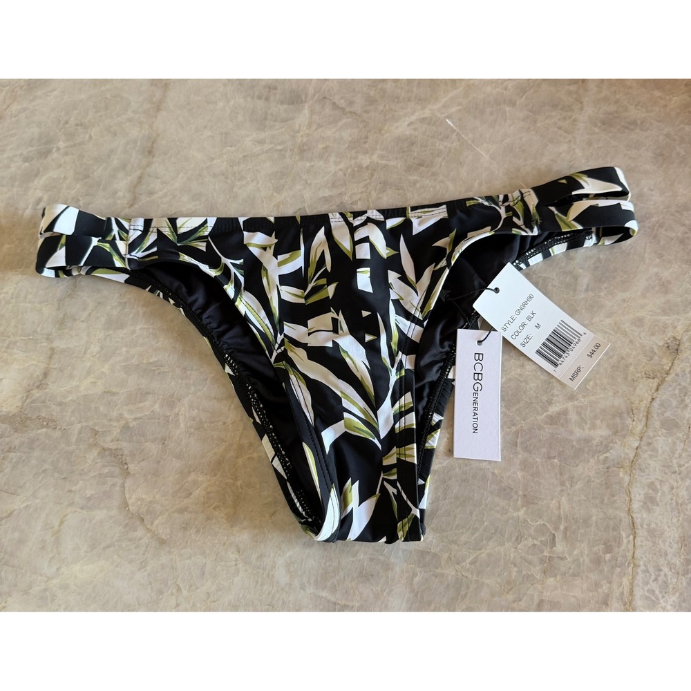 NWT BCBGeneration Tropical Leaf Print Bikini Bottoms Black White GN0RH90 Medium